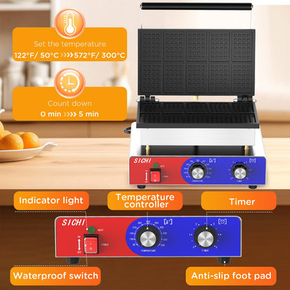 HTTSICHI Square Waffle Maker - Commercial Waffle Iron w/Non-stick Baking Pans, 550 ℉ Temperature and Timers, 1550W Hotel Waffle Machine for Double Baking, Professional Stainless Steel Waffle Maker