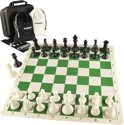 4 King Tournament Chess Set Foldable 20 Silicone Chess Board Mat with 2.2 Squares Green Color Weighted Chess Pieces- 2 Extra Queens Carrying Case for Storage and Travel