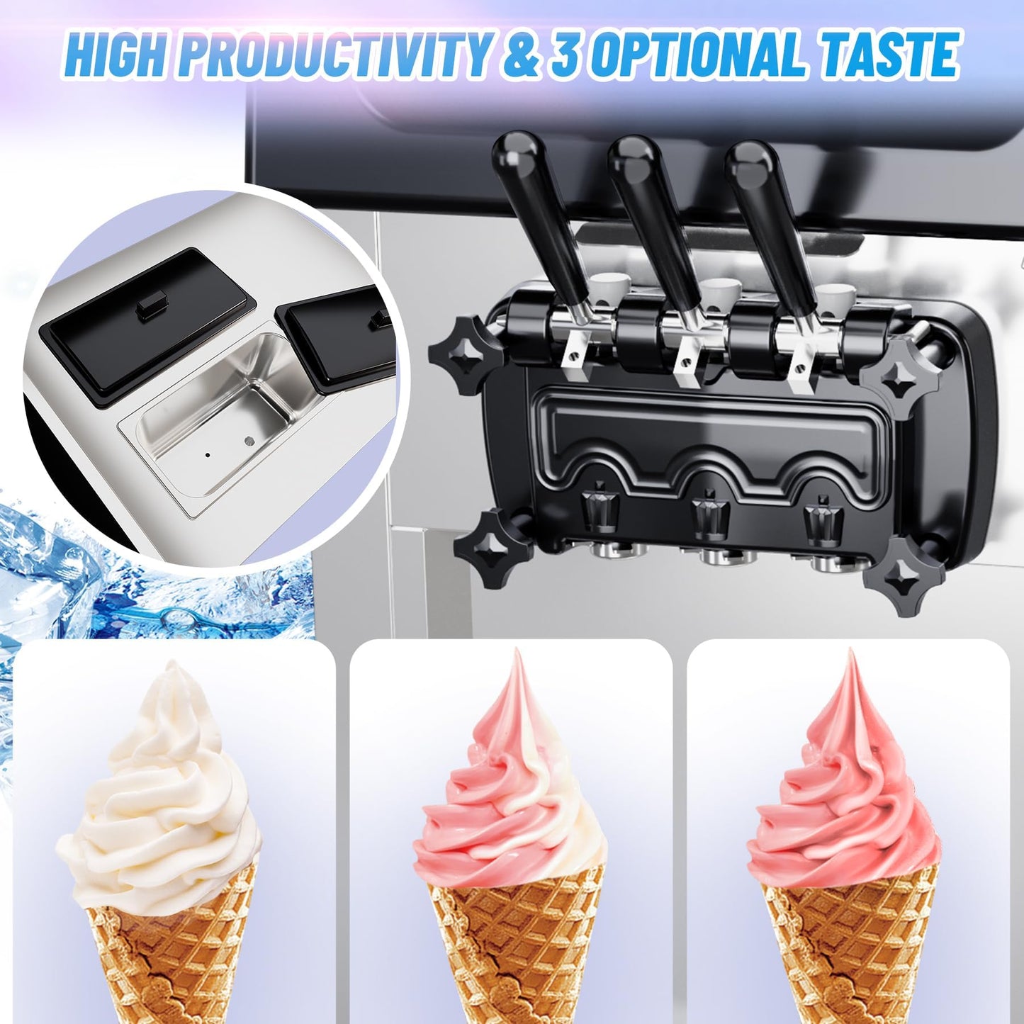 PioneerWorks Commercial Ice Cream Maker,2200W, 5.3 to 7.4 Gal/Hour, 3 Flavors Commercial Soft Ice Cream Machine with LED Display, Perfect for Restaurants Snack Bar