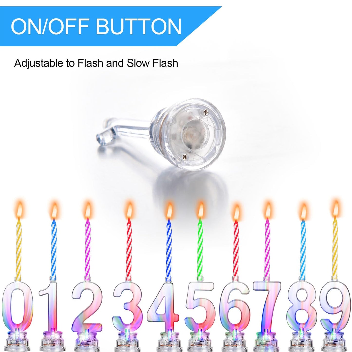 Boao 50 Pcs Birthday Number Candle Set Includes 10 Pcs Multicolor LED Flashing Number Candles with Transparent Shell and 40 Pcs Wax Candles(Colored Candle Style)