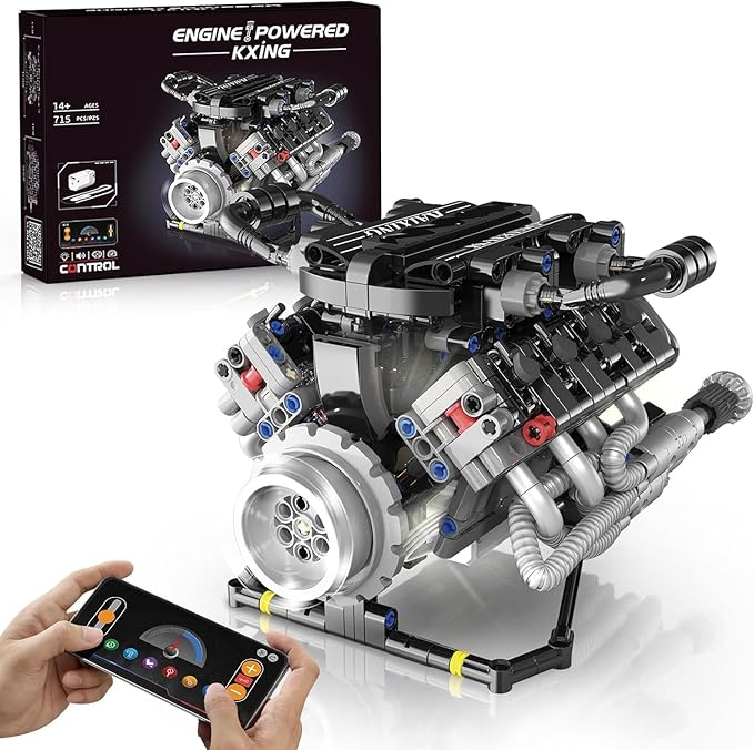 HIGH GODO V8 Engine Kit That Work Visible Car Engine Model Kit with Motor and Lights Build Your Own Car Engine Kit with App Control Kit STEM Project for Teens Adults 14+ (715 PCS)