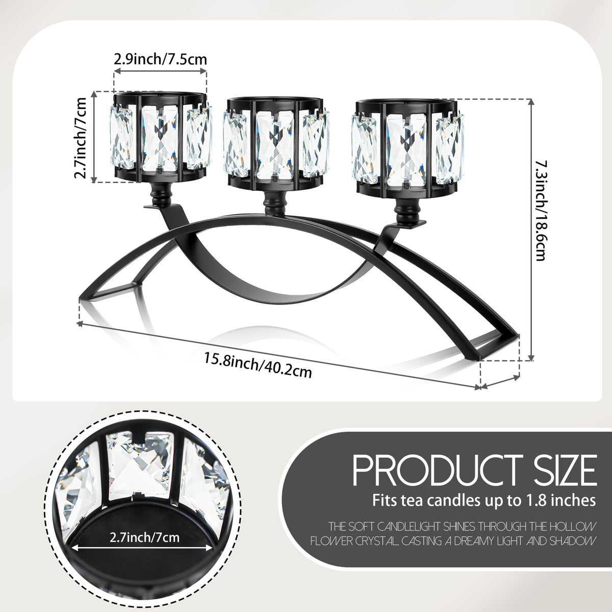 3 Arms Crystal Bowl Tealight Candelabra Votive Candle Stand, Wedding centerpieces for Tables Crystal Candlestick，Centerpiece Table Decorations (Black)