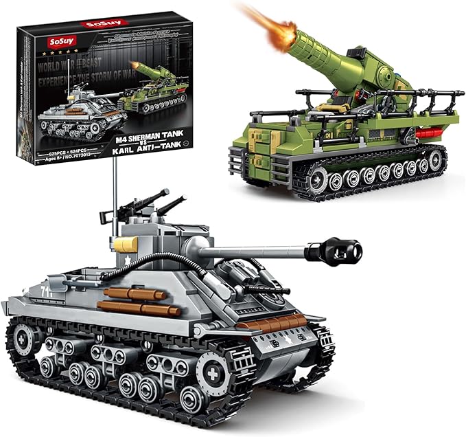WW2 Building Block Army Tank-Kit for Boys Men 1:32 Movable US Sherman &amp GE Karl Mortar Military Toys for Kids Ages 8+ Mini Cannon Vehicle Model History Birthday Gifts for Teen Girls 1117 Pieces