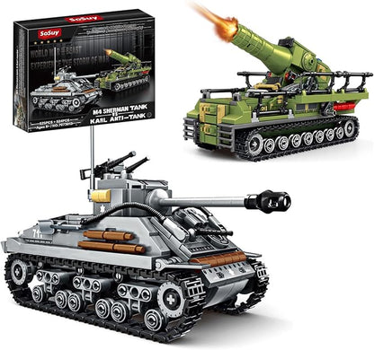 WW2 Building Block Army Tank-Kit for Boys Men 1:32 Movable US Sherman &amp GE Karl Mortar Military Toys for Kids Ages 8+ Mini Cannon Vehicle Model History Birthday Gifts for Teen Girls 1117 Pieces