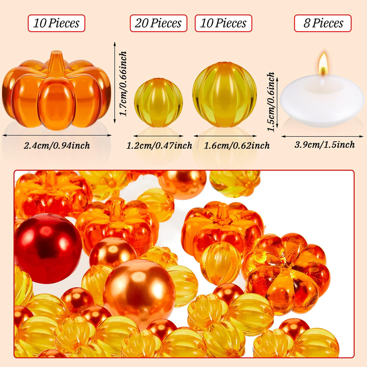 MTLEE 124 Pcs Thanksgiving Vase Filler Faux Pearl for Vase Filler with 8 White Unscented Candles for Fall Thanksgiving Home Table Party Festival Decors, Not Included Clear Beads(Pumpkin)