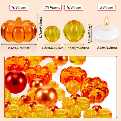 MTLEE 124 Pcs Thanksgiving Vase Filler Faux Pearl for Vase Filler with 8 White Unscented Candles for Fall Thanksgiving Home Table Party Festival Decors, Not Included Clear Beads(Pumpkin)