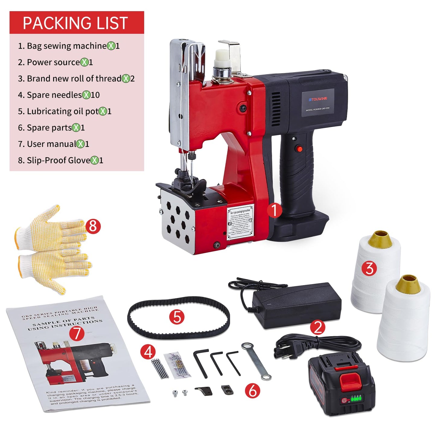 Cordless Bag Sewing Machine，Work Speed（2s/bag），36V Rechargeable Battery+2 Volumes of Thread+10 Needles，Bag Closer Machine Specially Designed for Woven Bag, Burlap Bag