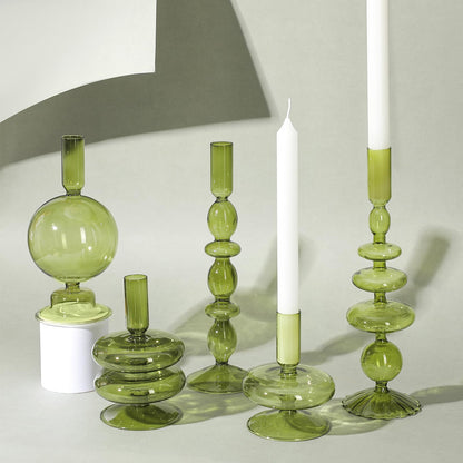 Rtteri 5 Pcs Glass Candlestick Holders Colorful Glass Taper Candle Stand Groovy Candlestick Wavy Boho Chic Clear Bases Holders Elegant Vase for Home Party Centerpiece(Green)