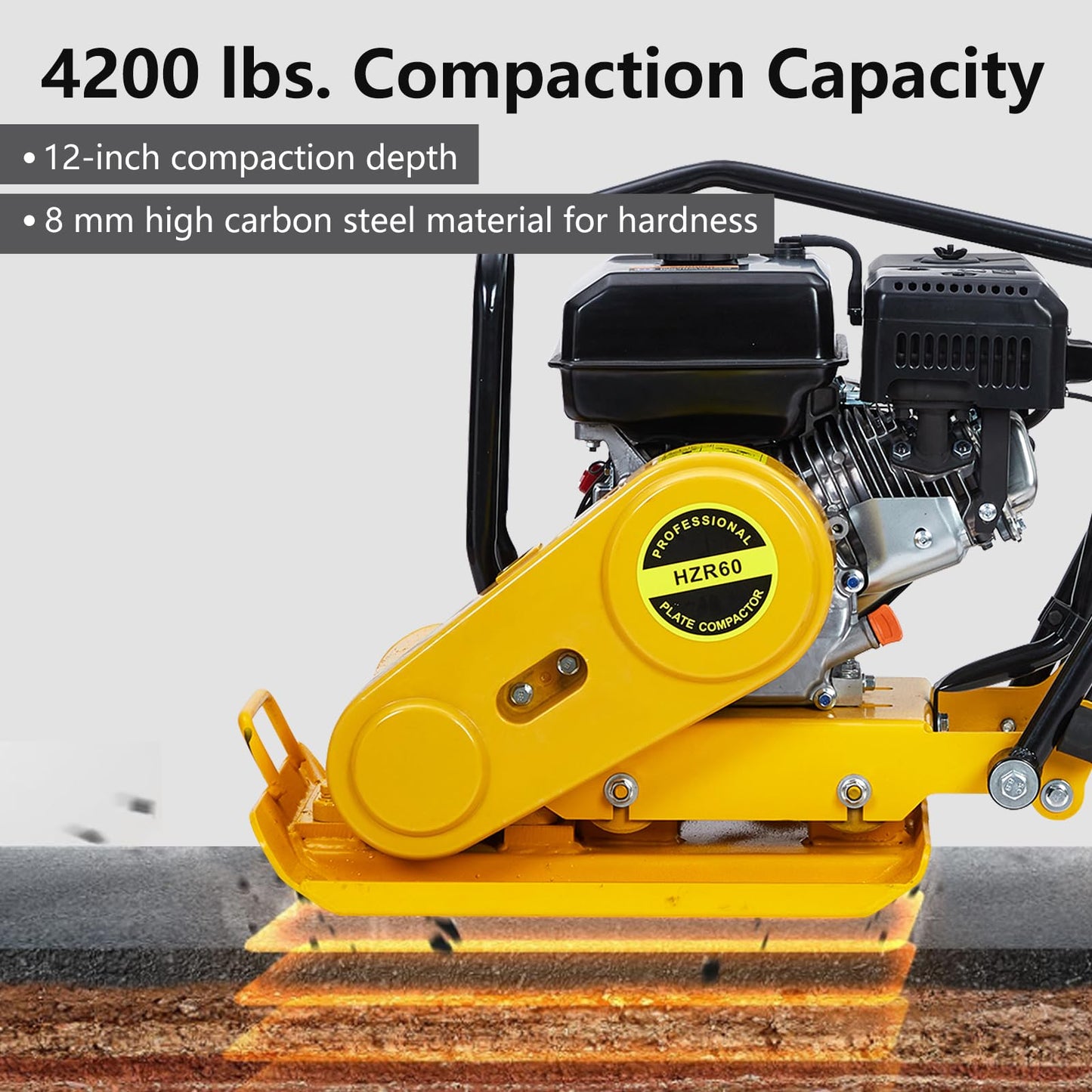 7HP Plate Compactor, 212CC Gas Engine and a Compaction Force of 4200 Lbs, 22.1 x 15.9 Inch Plate Jumping Jack Tamper, Operates At 5600 VPM, for Asphalt and Paver Landscaping Tasks