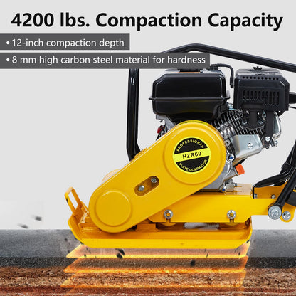 7HP Plate Compactor, 212CC Gas Engine and a Compaction Force of 4200 Lbs, 22.1 x 15.9 Inch Plate Jumping Jack Tamper, Operates At 5600 VPM, for Asphalt and Paver Landscaping Tasks