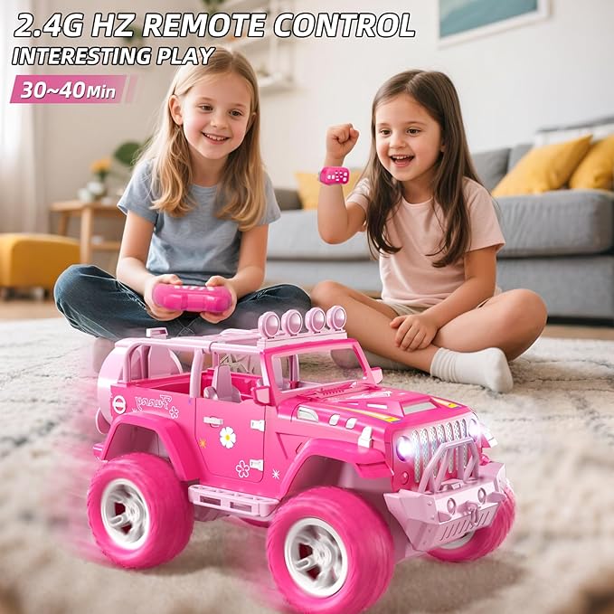 Pink Remote Control Car for Girls 4-7 2.4GHz Off-Road RC Jeep with Spray Climbing Toy for Girls Aged 3-4 5-6 7-8 9-10 Remote Control Vehicle Gift for Birthday Christmas Toys