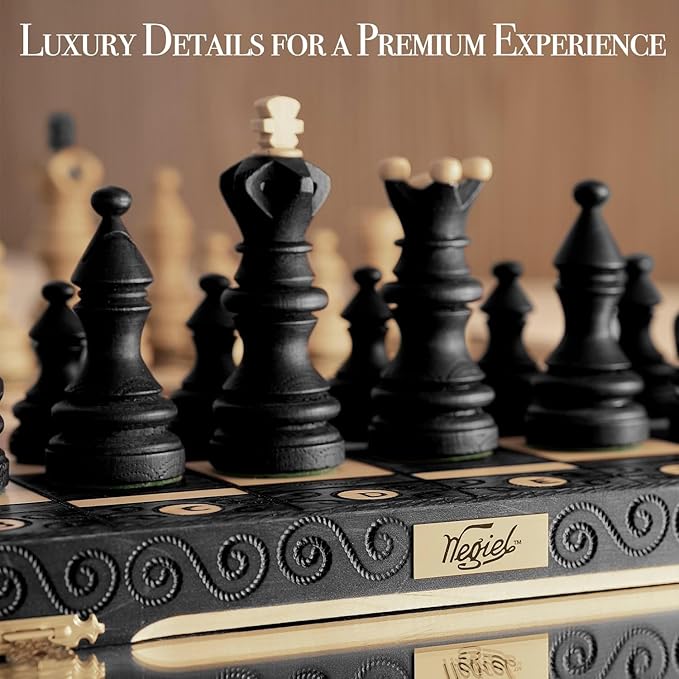 Wegiel Imperator 21-Inch Luxury Wooden Chess Set for Adults and Kids - Handcrafted from Premium Beech and Birch Wood - Unique Folding Design with Chess Piece Storage BlackImperator - Black