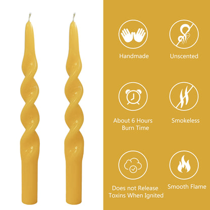 Beeswax Spiral Taper Candles Set of 2, 10 Inch Handmade Beeswax Candle Sticks, Natural Tapered Candles, Decorative Candlesticks for Wedding Dinner Home Gift