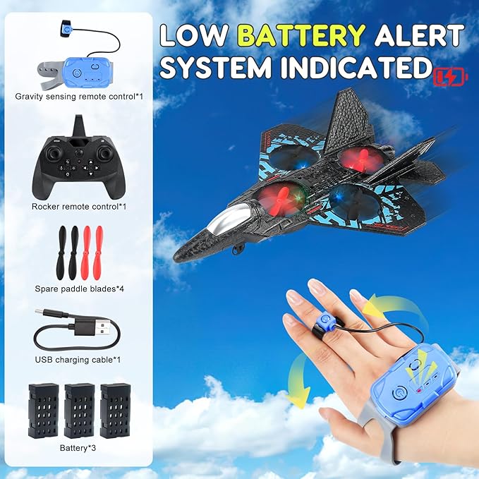 RC Plane Remote Control Airplane Toy 2025 New Remote Control Plane Fighter Jet 2-Way Remote Control Methods (Normal+Watch) 360° Flip Fighter Jet Toy Gravity Sensing Stunt Roll Gifts for Kids Boys