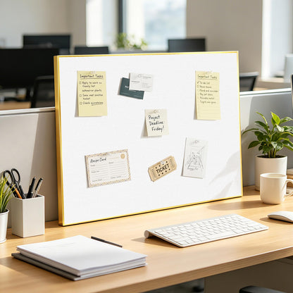 QUEENLINK Linen Bulletin Board 24 x18 Inches, White Pin Board Vision Board, Gold Aluminum Framed Fabric Cork Board for Home Office Wall Decor, 10 Push Pins