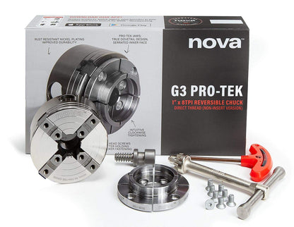 NOVA 48291 PREMIER PRO-TEK G3 Wood Lathe Chuck with 2" PRO-TEK Jaws, Woodworm screw, & Dlx. Storage Box, Direct Thread Version 1"x 8 TPI Only (Does Not Use Inserts)