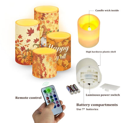 Merkmak 4 Pack Happy Fall Maple Leaves Flickering Flamless Candles with Remote LED Battery Operated Elictric Pillar Candles with Timer Control for Thanksgiving Party Decorations