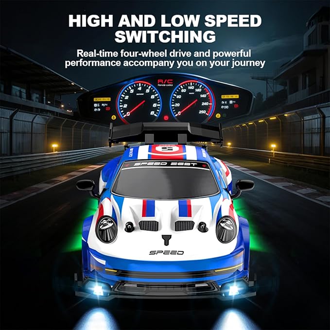 1:24 Scale RC Drift Car 4WD 2.4GHz High Speed Racing Sport Toy Car with LED Lights Racing and Drift Wheels (E81-Blue)