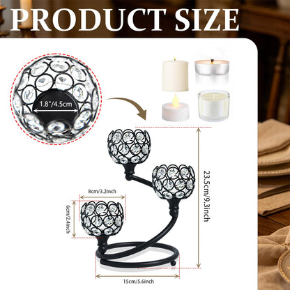 KEHAIL Metal Crystal Candle Holder Set of 2 - Elegant 3-Arm Metal Tea Light Centerpiece with Shining Crystal Bowl, Wedding Anniversary Table Decor for Dining, Party (Black, 2 Pcs 3 Arm)