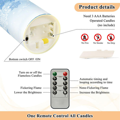 Christmas Flameless Candles Set of 2 Blue Snowflakes Realistic LED Candles with Remote Battery Operated Holiday Decorations