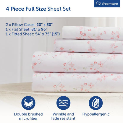 DREAMCARE Full Size Sheets - Cooling Sheets - 4pcs Set - up to 15" Deep Pocket Full Sheet Set - Sheets Full Size Bed - Soft & Long Lasting 100% Fine Brushed Polyester with Side Pocket Floral Blossom