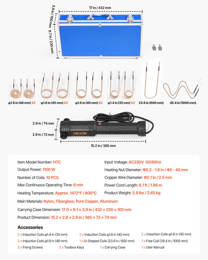 VEVOR Induction Heater Bolt Removal, 1100W 110V Magnetic Induction Heater Kit, Handheld Nut Buster Tool, Mini Heating Machine for Rusty Screw Removing, Car Garage Repairing Tools with 10 Coil and Box
