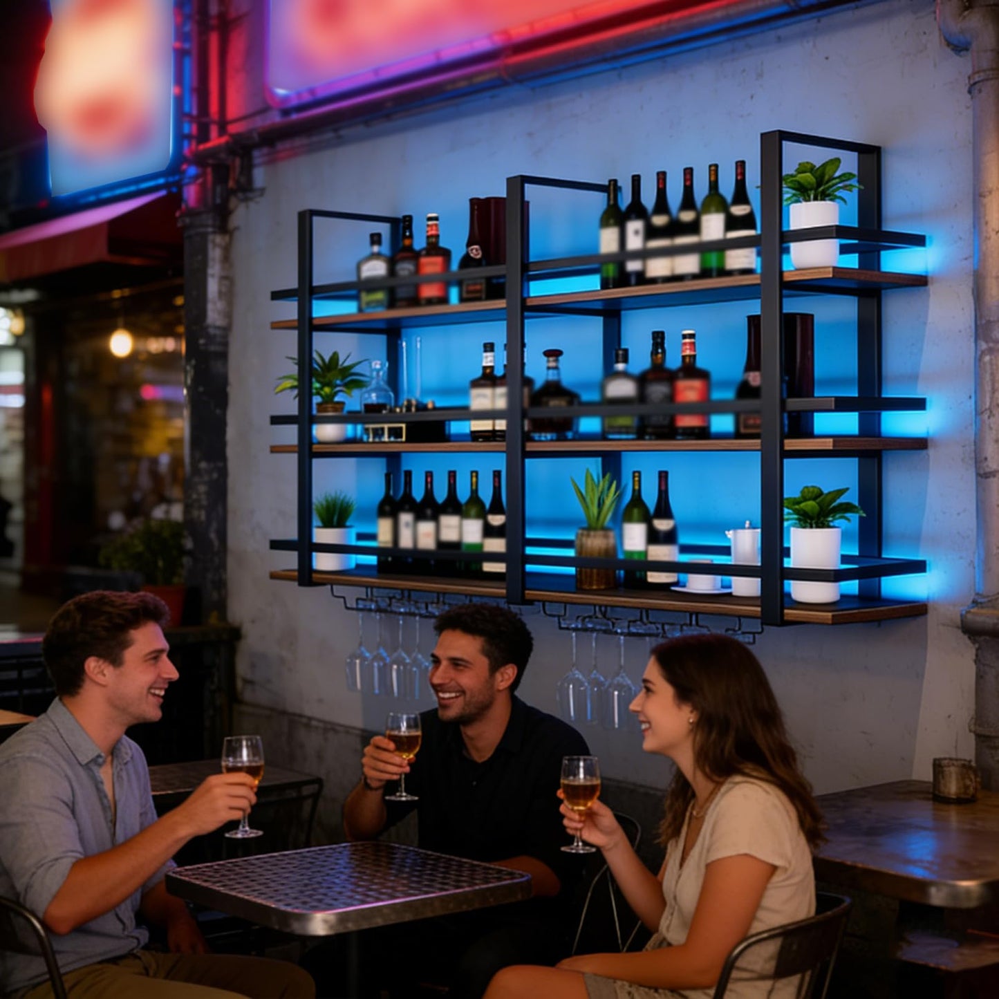 amhricho Wine Rack Wall Mounted with LED Lights, 3 Tier Metal Liquor Floating Display Shelves, with Wine Glass Rack, Iron & Wood Industrial Wall Wine Rack, for Bar, Kitchen, Cafe (Black, 39.4in)