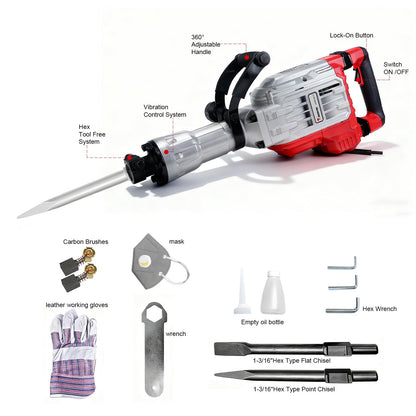 JKCHENPRO Heavy Duty Demolition Jack Hammer – Max 3500W, 1900 BPM Electric Concrete Breaker with 60J Impact Force, Includes 2 Chisels for Trenching, Breaking Holes & Construction Work