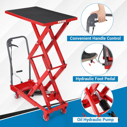 Hydraulic Lift Table Cart, 770lbs Capacity 50" Lifting Height Hydraulic Table Cart, Double Scissor Lift with Non-Slip Pad for Material Handling and Transportation, Red