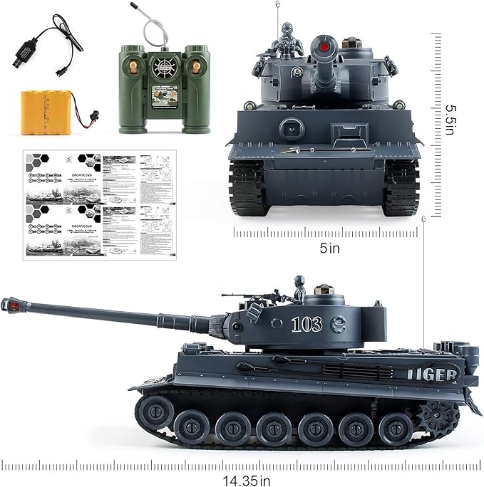 BEAURE Rc Tanks1:28 WW2 German Tiger Army Tank Toys for Boys9 Channels Remote Control Vehicles with Sound and LightRC Military Toys for Kids Boys Girls(Gray)