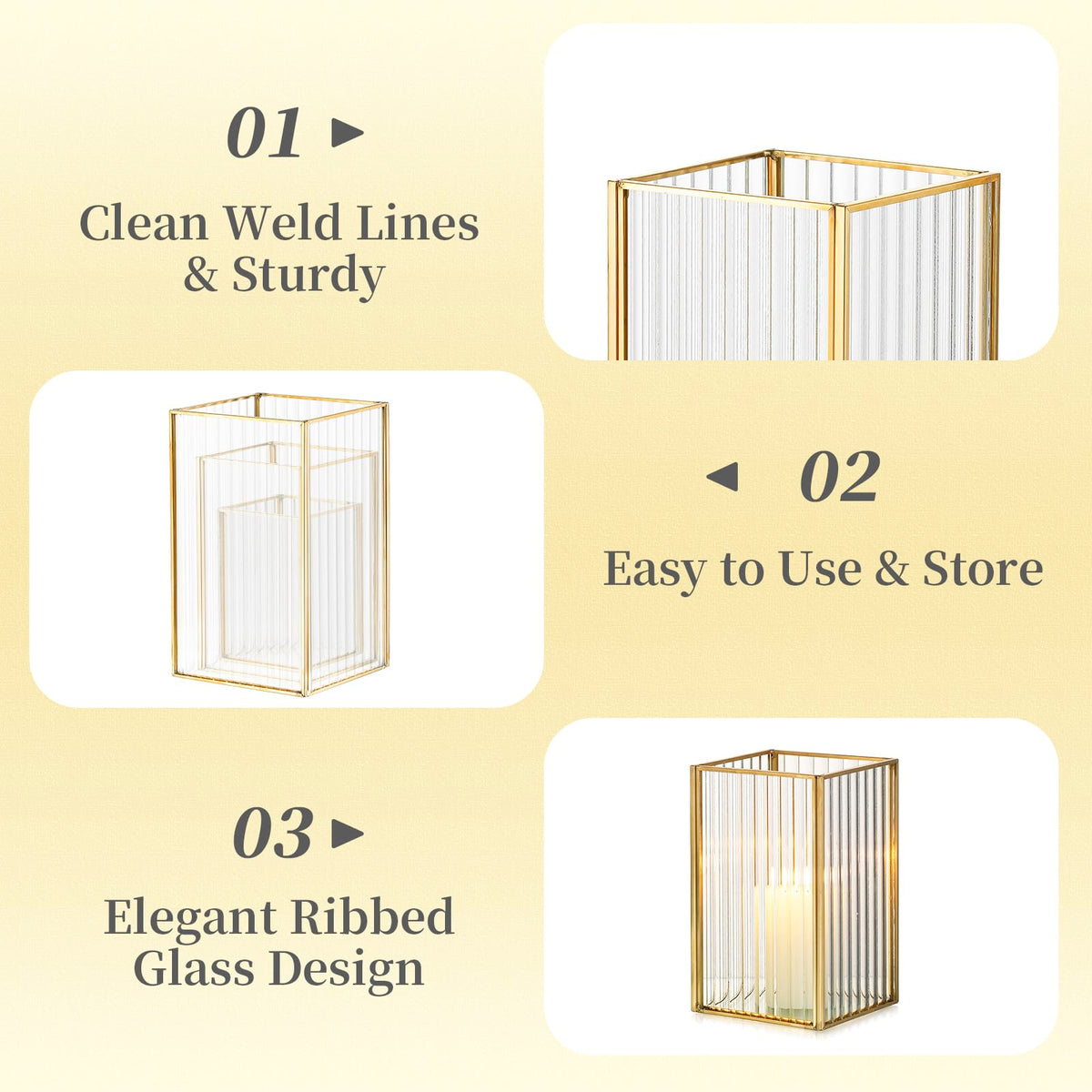 Hewory Gold Hurricane Candle Holder: 6 PCS Ribbed Hurricane Glass Candle Holders for Pillar Candles, Square Pillar Candle Holders for Table Centerpiece Wedding Christmas, Home Decor for Kitchen Patio