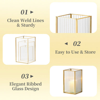 Hewory Gold Hurricane Candle Holder: 6 PCS Ribbed Hurricane Glass Candle Holders for Pillar Candles, Square Pillar Candle Holders for Table Centerpiece Wedding Christmas, Home Decor for Kitchen Patio