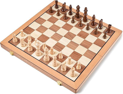 AMEROUS Magnetic Wooden Chess Set 15 Inches Handmade Wooden Folding Travel Chess Board Game Sets with Chessmen Storage Slots for Kids and Adults 2 Bonus Extra Queens Gift Box Packed