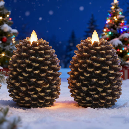 Lasumora LED Flameless Pinecone Candles with 6H Timer, Battery Operated Waxy Pillar Candles, 2 Pack Christmas Candles Flickering Acorn Decor Woodsy Home Décor Christmas Gifts(Brown, 3.5 x 4.7 Inch)