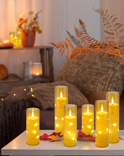 Enido 10 Pc Flameless LED Candles with Remote & Timer, Battery Operated Acrylic Pillar Set, Flickering Electric Lights with Embedded Star String for Cozy Home & Holiday Romantic Decor (Matte Gold)