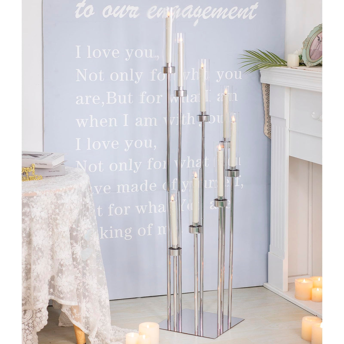 Floor Candelabra Wedding Centerpiece, 45.3'' Tall Floor Candle Holder Set, 8-arm Silver Metal Candlestick Holders with Acrylic Shades, LED Taper Candle Holder Stand for Party Wedding Home Decor