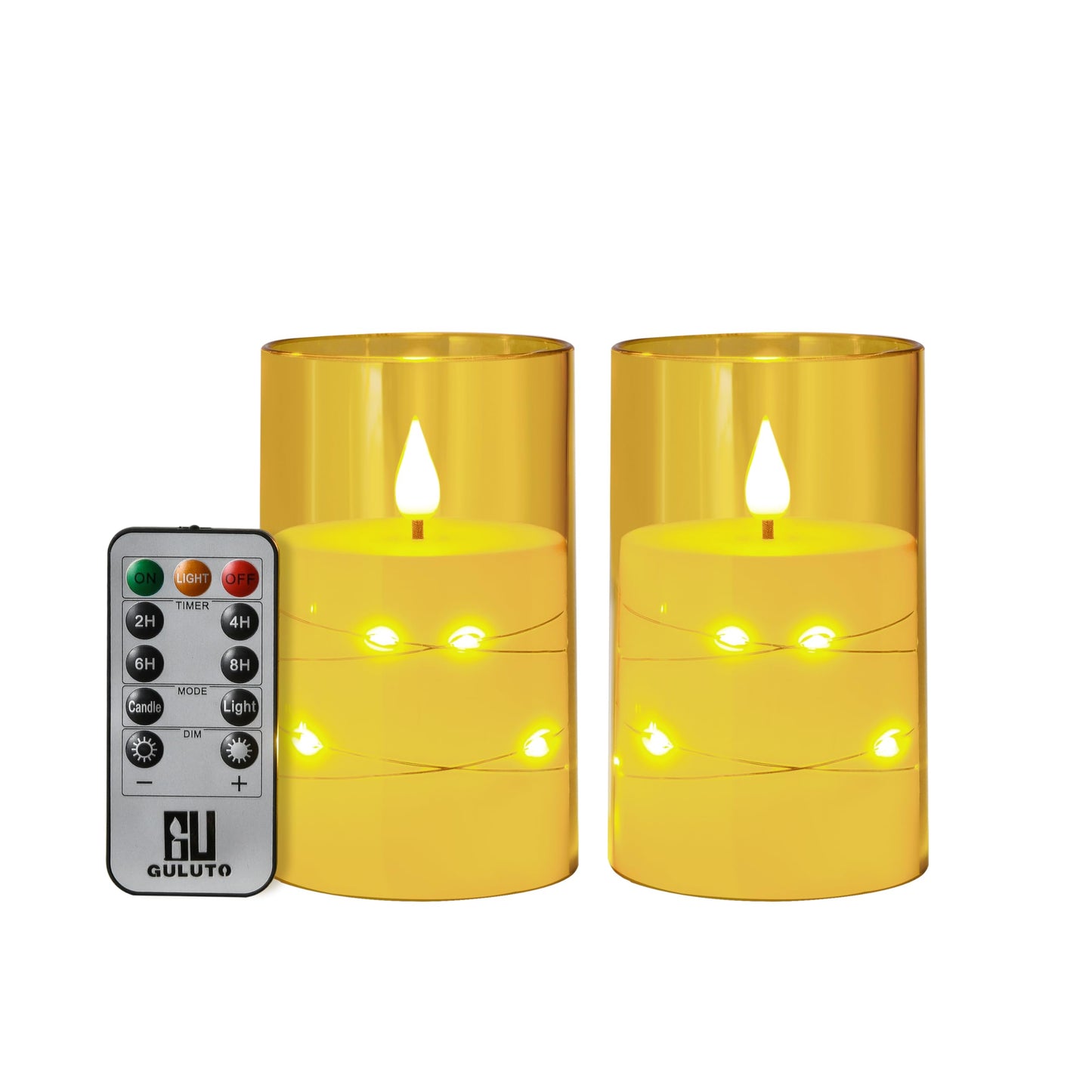 Guluto Flameless LED Candles, Non-breakable Battery Operated Candles with Embedded Star String, D 3"×H 5", Set of 2, Flickering Pillar Candle with Remote and Timer for Birthday Home Decoration (Gold)