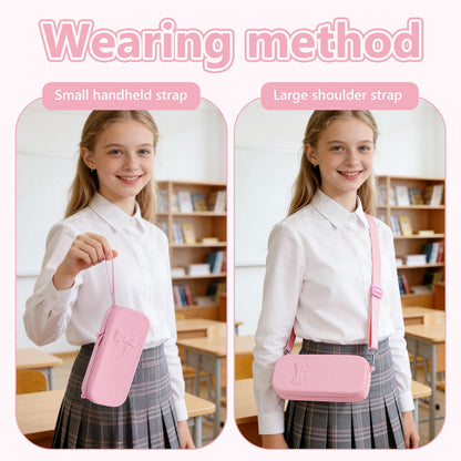 SEEZIZI Soft Silicone Bow Pencil Case, Large Capacity Aesthetic Pen Pouch Organizer with Handle & Strap,Big Pencil Bag for Girls Women, Kawaii School College Travel Supplies - Pink