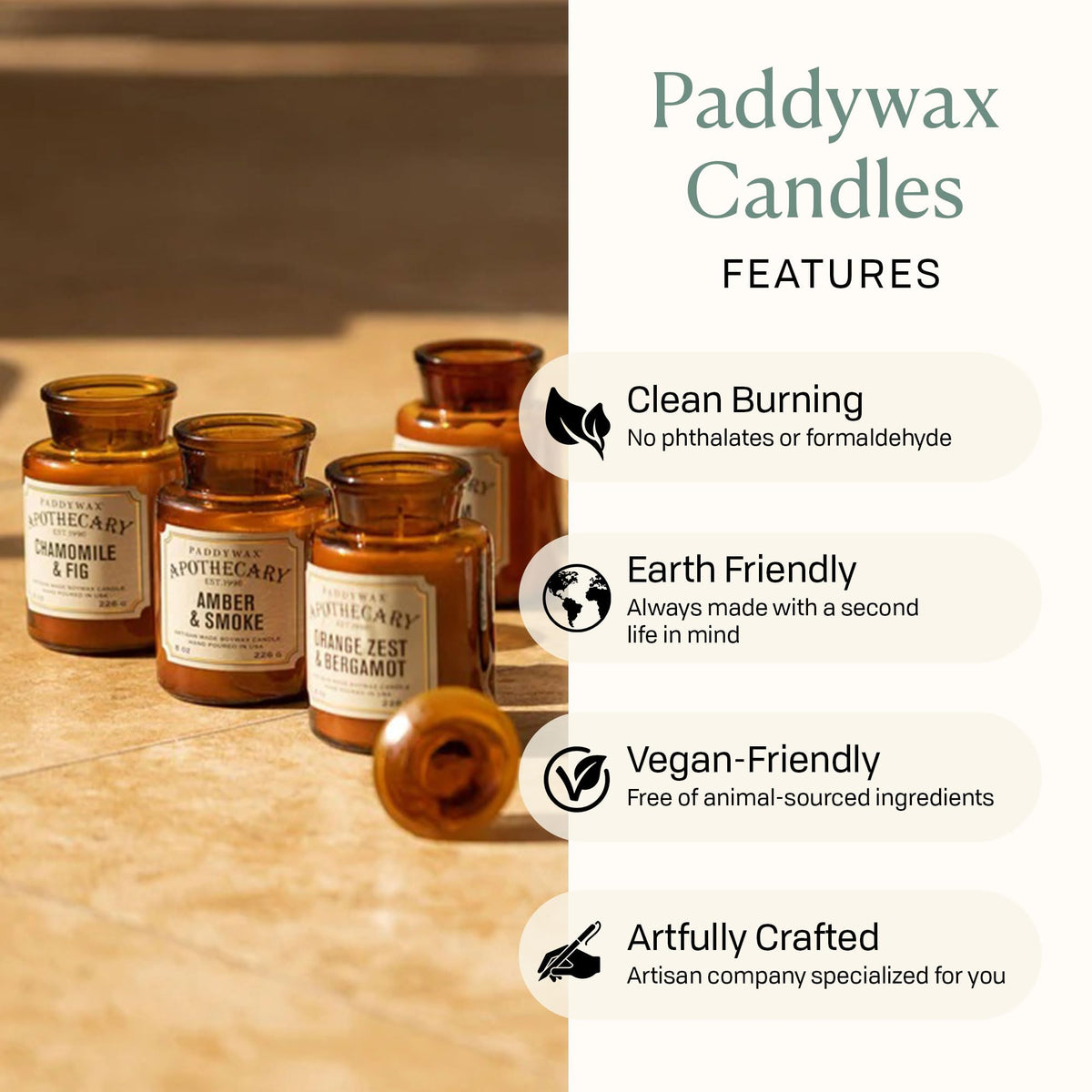 Paddywax Artisan Apothecary Scented Candle with Lid in Reusable Glass Jar, Clean-Burn Soy Candle with Approx. 54 Hour Burn Time, Saffron & Rose, 8 oz