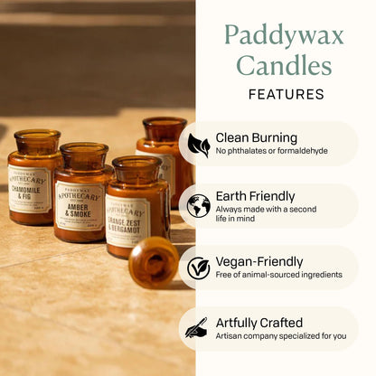Paddywax Artisan Apothecary Scented Candle with Lid in Reusable Glass Jar, Clean-Burn Soy Candle with Approx. 54 Hour Burn Time, Amber & Smoke, 8 oz.