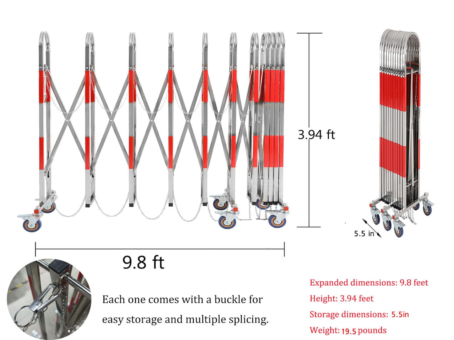 Metal Expandable Barricade, Safety Barrier with Casters, Portable Mobile Gate Stainless Steel Fence,Adjustable Traffic Fence for Home, School, Warehouse, 9.8 Feet * 3.9 Feet(High)
