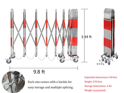Metal Expandable Barricade, Safety Barrier with Casters, Portable Mobile Gate Stainless Steel Fence,Adjustable Traffic Fence for Home, School, Warehouse, 9.8 Feet * 3.9 Feet(High)