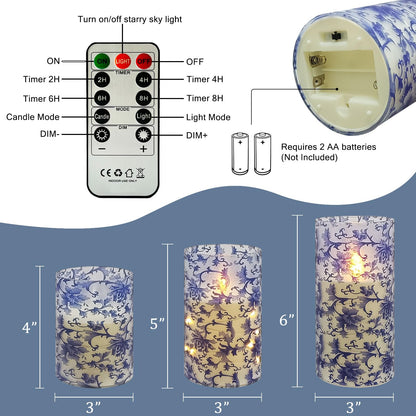 NjaoHoo Floral Flickering Flameless Candles, Recessed String Light LED Candles 3D Wick Acrylic Battery Operated LED Pillar Candles with Remote and Timer for Home Decor Set of 3(Blue & White)