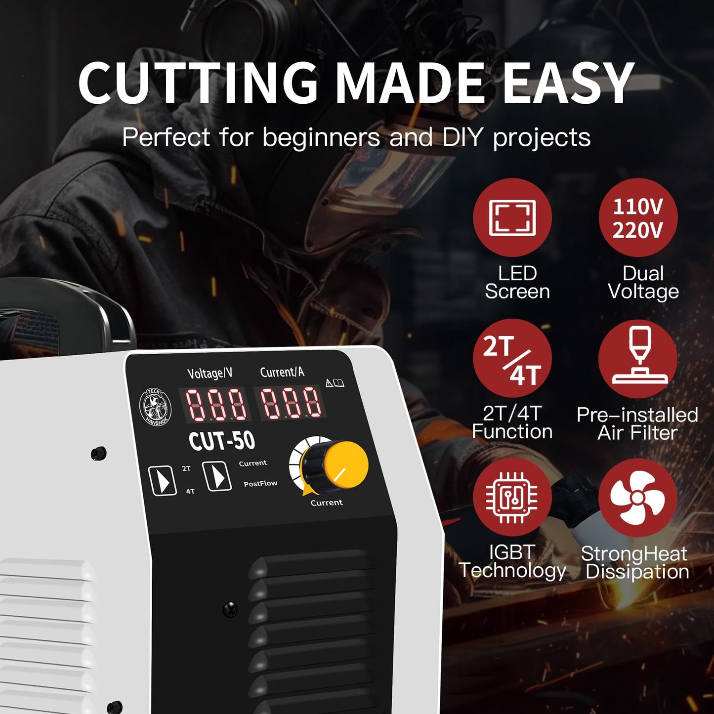 HANSNOK Plasma Cutter,50Amps Cutter Machine with 110/220V Dual Voltage IGBT Inverter,Large Digital Display,Air Sensor,1/2 Inch Clean Cut 5/8 Inch Max Cut Post Flow and 2T/4T,Portable Metal Cutting