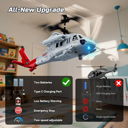 DEERC Black Hawk RC Helicopter Remote Control Helicopter with Red Scorpion Tail Design 24 Mins Flight (2 Batteries) Helicopters Toy for Kids LED Lights Altitude Hold Birthday Gift for Boys 8-12