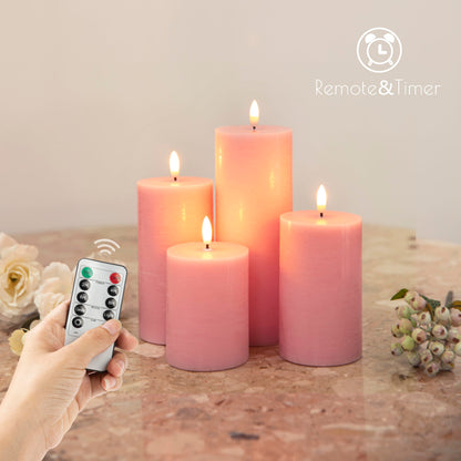 LUSHARBOR Flameless Candles, 4 Pack Battery Operated Candles with Remote, Real Wax LED Fake Candles with Timer Flickering for Christmas Wedding Home Party D3 H 5" 6" 7" 9" Pink