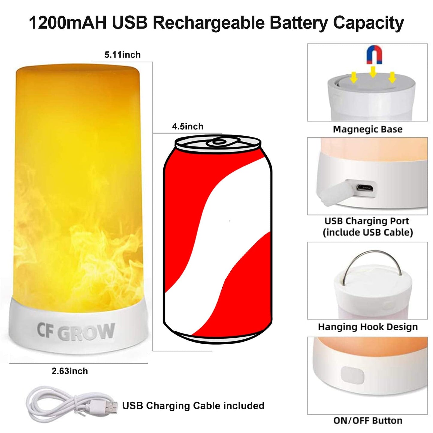 LED Flame Effect Light, USB Rechargeable Flame Candle Waterproof Dimmable 4 Modes Lantern with Gravity Sensing Effect & Magnetic Base, for Halloween, Room, Party, Bar Decor