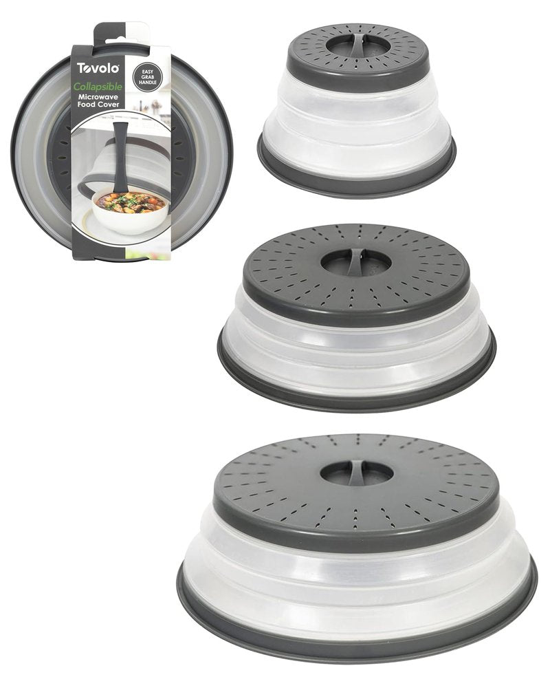 Tovolo Microwave Splatter Cover for Food, 3-Pack (Charcoal) - Collapsible & Vented Silicone Splatter Guard Lid - Microwave Plate & Dish Cover with Handle - BPA-Free Kitchen Gadget for Meal Prep