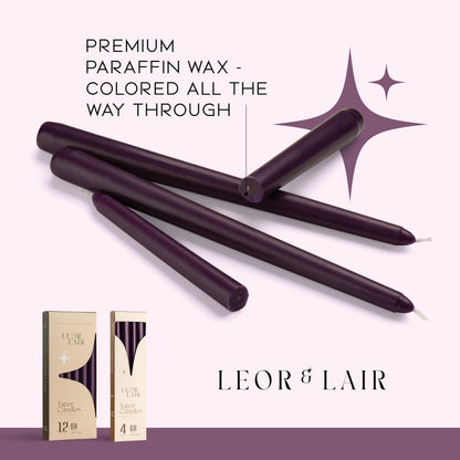 Leor & Lair Purple Taper Candles - 12 Pack 10" Purple Candlesticks - Unscented Long Burning Candle Sticks for Home Decoration, Dinner Table, Holidays, Weddings, Restaurants & Events
