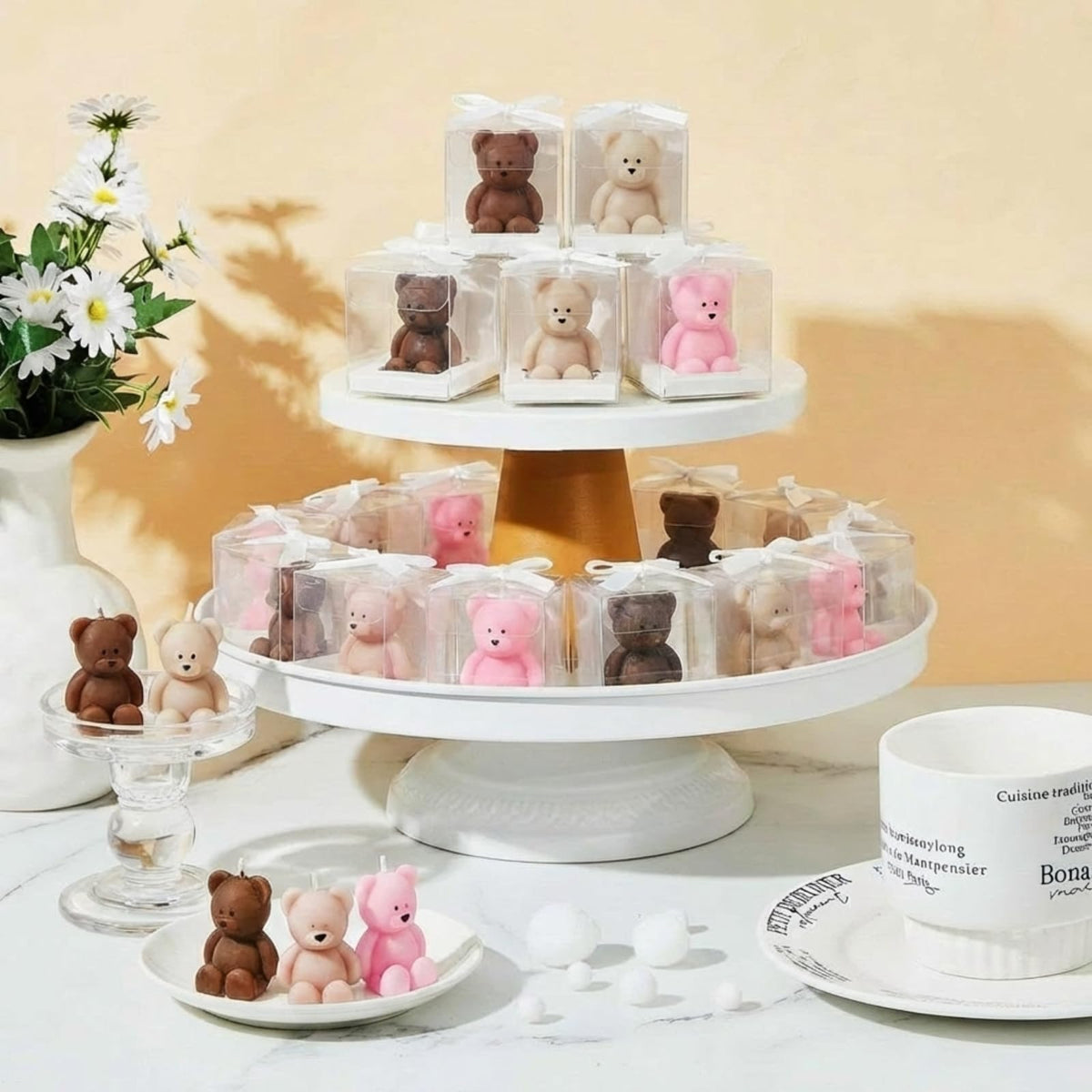 Dansib 50 Pcs Bear Baby Shower Candle Favors for Guest Bear Party Favors Baby Shower Candles Bulk for Gifts Party Decorations (Light Brown,Dark Brown,Pink)